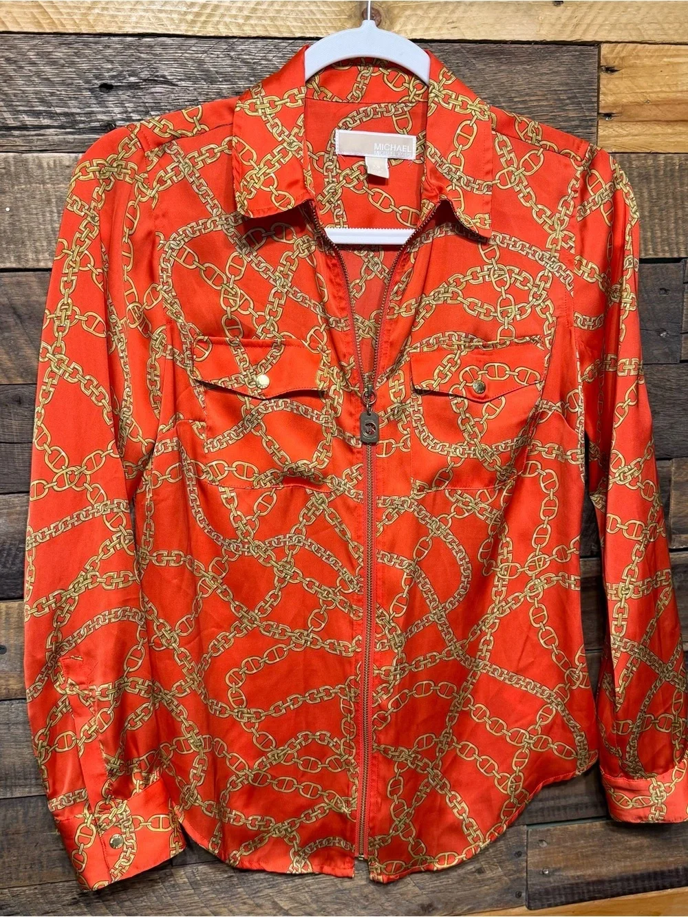 Michael Kors Orange Chain Tie Logo 3/4 Zip Popover Top